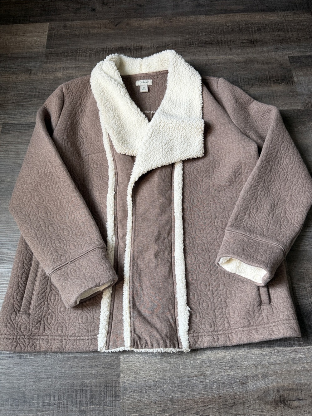 L.L. Bean Taupe Sweater-Knit Fleece Jacket with Cream Sherpa Trim